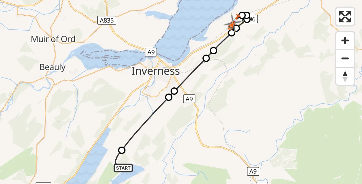 Flight route Coastguard Helicopter Dores - Inverness Airport, 31 August 2026, 23:44
