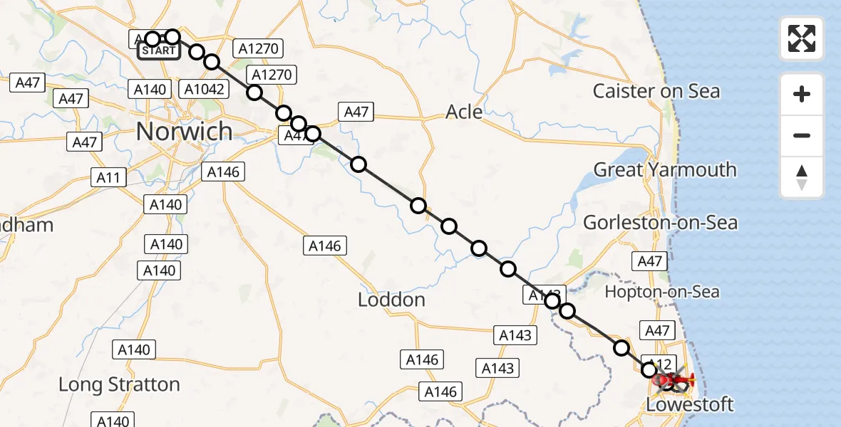 Flight route Air Ambulance Helicopter Norwich Airport - Lowestoft, 01 September 2026, 01:07