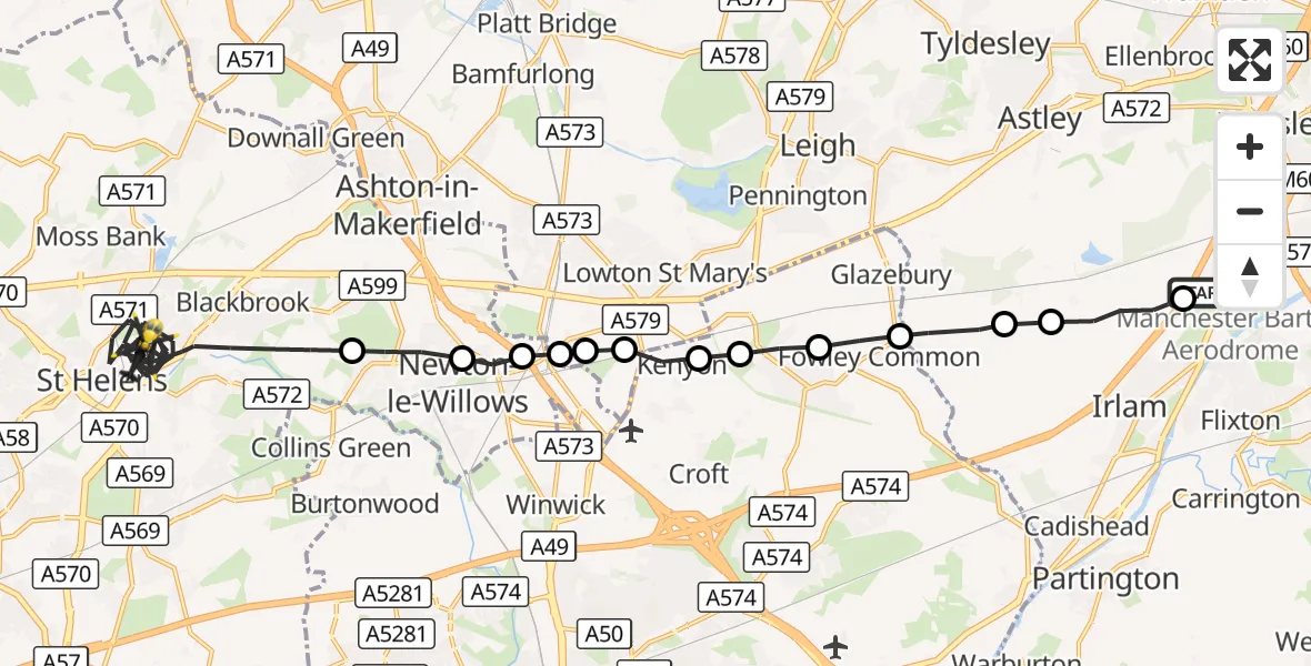 Flight route Police Helicopter Manchester Barton Aerodrome - St Helens, 01 September 2026, 01:16