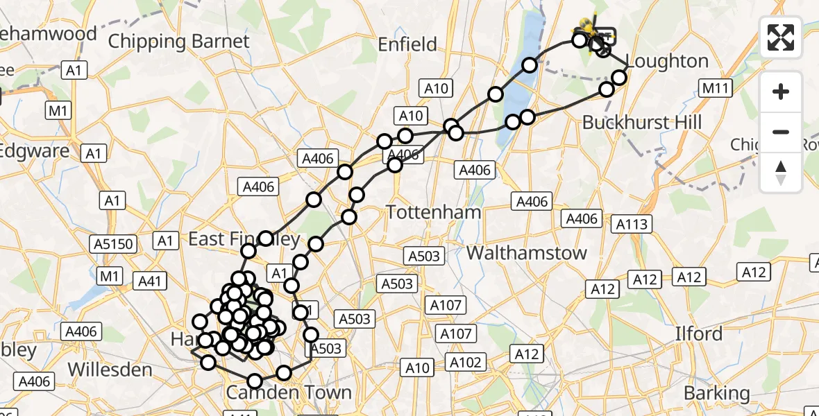 Flight route Police Helicopter Metropolitan Police Air Support Unit Lippitts Hill - Metropolitan Police Air Support Unit Lippitts Hill, 01 September 2026, 01:37