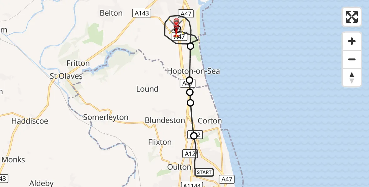 Flight route Air Ambulance Helicopter Lowestoft - James Paget Hospital, 01 September 2026, 01:51