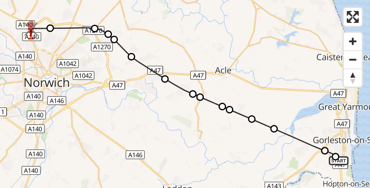Flight route Air Ambulance Helicopter James Paget Hospital - Norwich Airport, 01 September 2026, 02:29