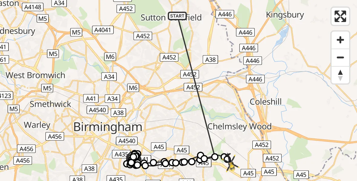 Flight route Police Helicopter Sutton Coldfield - Birmingham Airport, 01 September 2026, 02:54