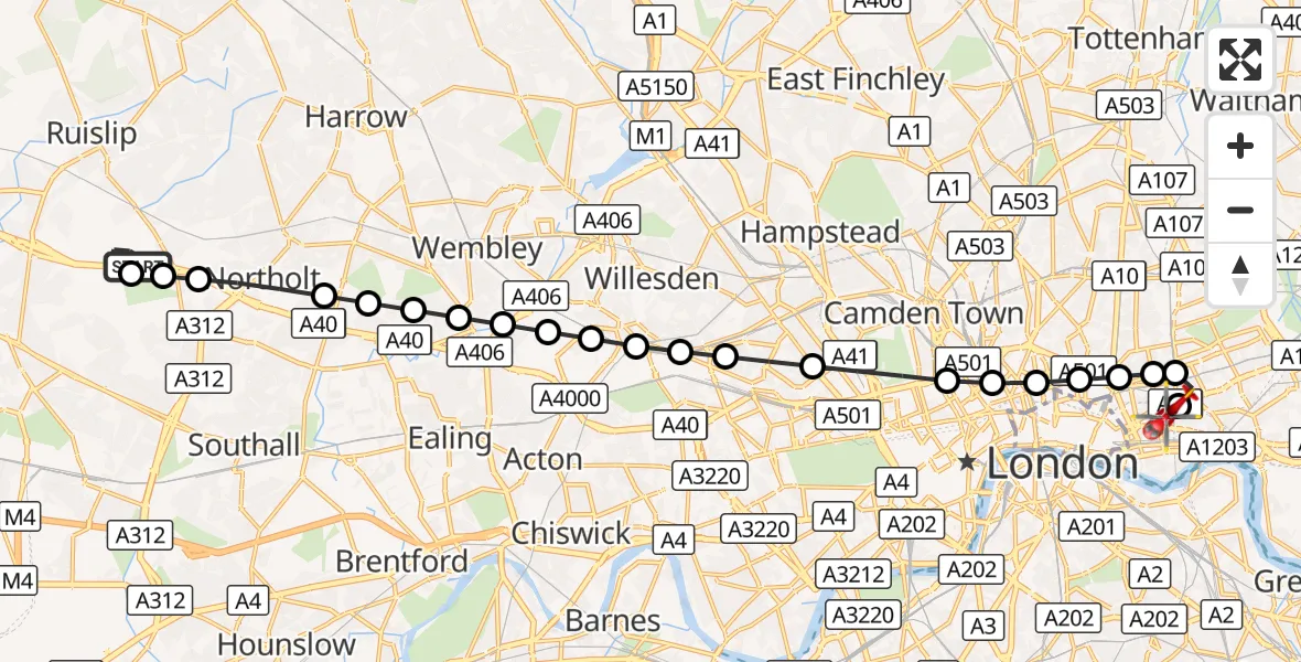 Flight route Air Ambulance Helicopter RAF Northolt - Royal London Hospital, 01 September 2026, 06:41