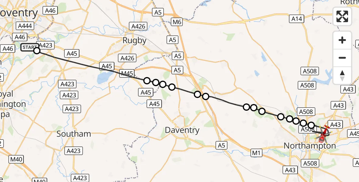Flight route Air Ambulance Helicopter Coventry Airport - Northampton, 01 September 2026, 07:28