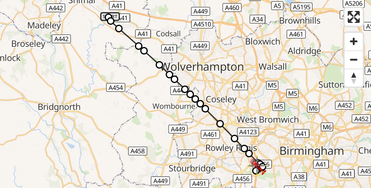 Flight route Air Ambulance Helicopter RAF Cosford - Ridgacre, 01 September 2026, 08:08