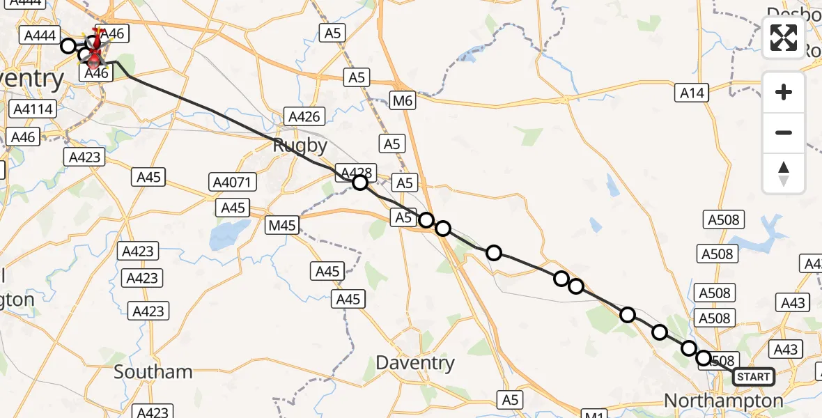 Flight route Air Ambulance Helicopter Northampton - Walsgrave, 01 September 2026, 08:23