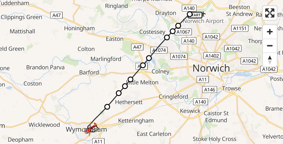 Flight route Air Ambulance Helicopter Norwich Airport - Wymondham, 01 September 2026, 08:33
