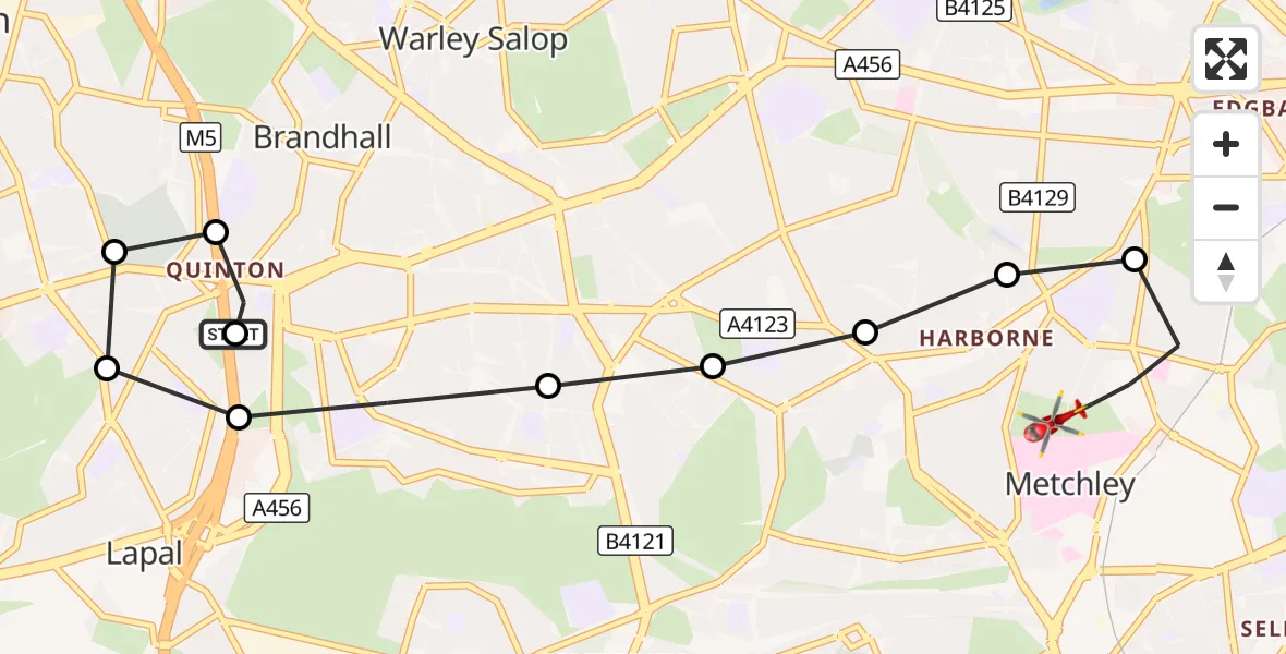 Flight route Air Ambulance Helicopter Ridgacre - Metchley, 01 September 2026, 08:46