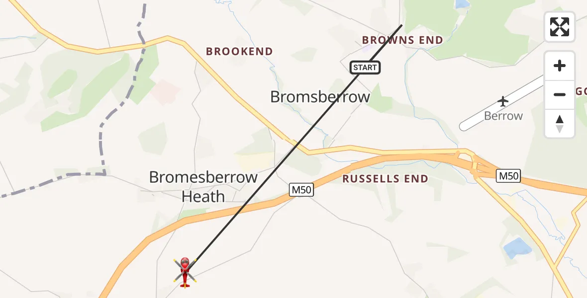 Flight route Air Ambulance Helicopter Bromsberrow - Bromesberrow Heath, 01 September 2026, 08:49