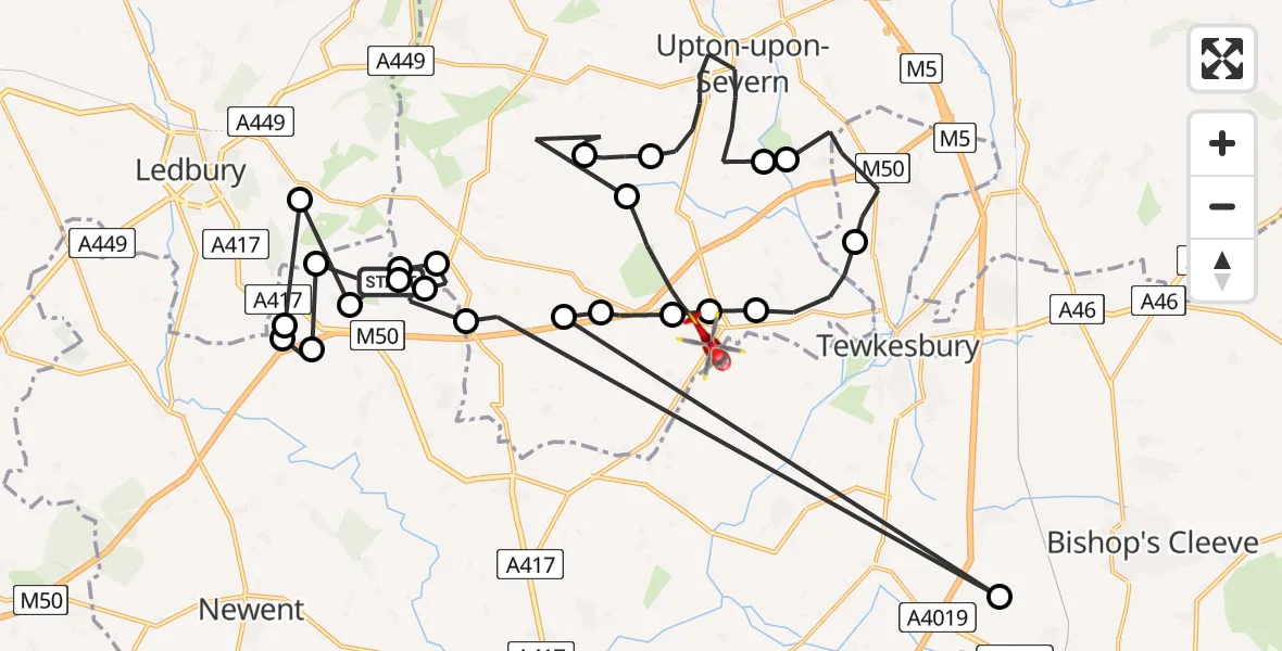 Flight route Air Ambulance Helicopter Bromsberrow - Tewkesbury, 01 September 2026, 08:55