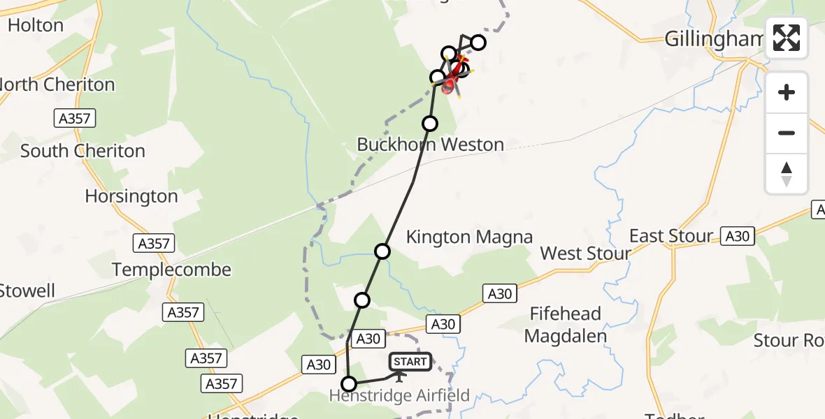 Flight route Air Ambulance Helicopter Henstridge Airfield - Wincanton, 01 September 2026, 09:20