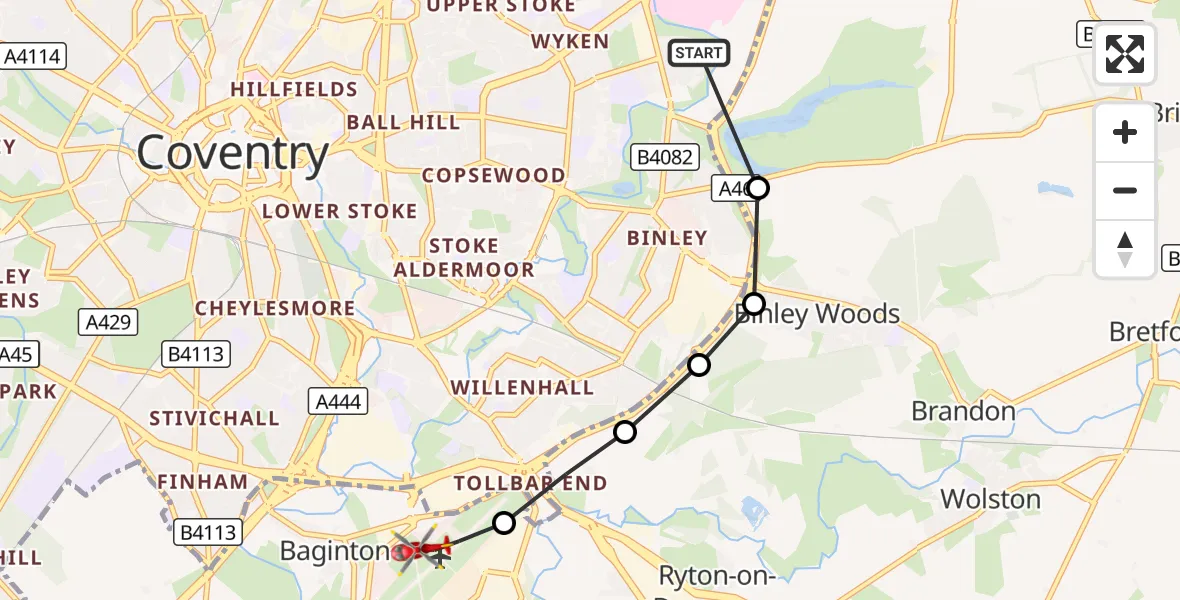 Flight route Air Ambulance Helicopter University Hospital Coventry - Coventry Airport, 01 September 2026, 09:26