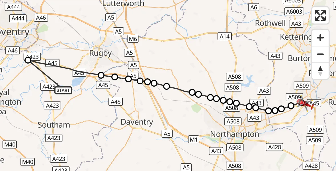 Flight route Air Ambulance Helicopter Rugby - Wellingborough, 01 September 2026, 09:32