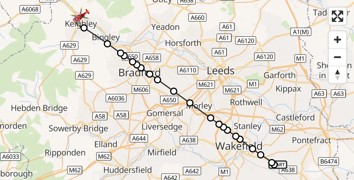Flight route Air Ambulance Helicopter YAA Nostell Helicopter Port - Keighley, 01 September 2026, 09:33