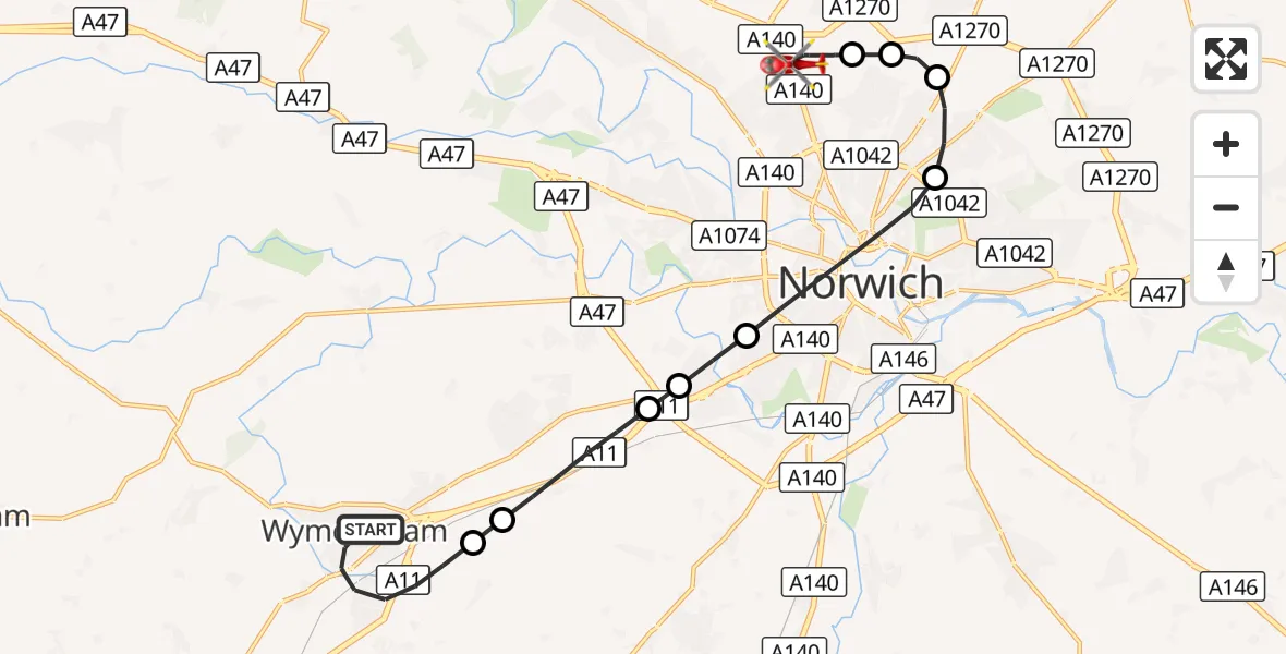 Flight route Air Ambulance Helicopter Wymondham - Norwich Airport, 01 September 2026, 09:45