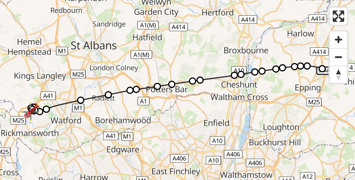 Flight route Air Ambulance Helicopter North Weald Airfield - Loudwater, 01 September 2026, 09:51