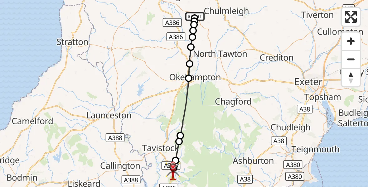 Flight route Air Ambulance Helicopter Riddlecombe - Yelverton, 01 September 2026, 10:00