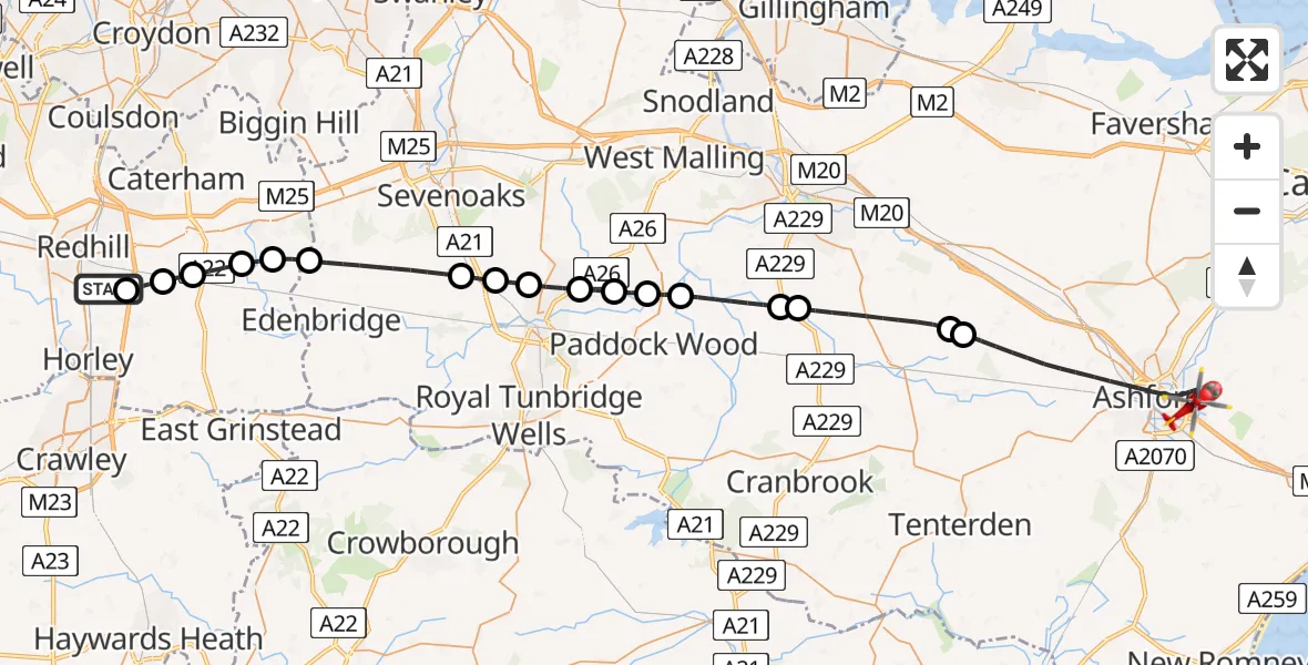 Flight route Air Ambulance Helicopter Redhill Aerodrome - Ashford, 01 September 2026, 10:03