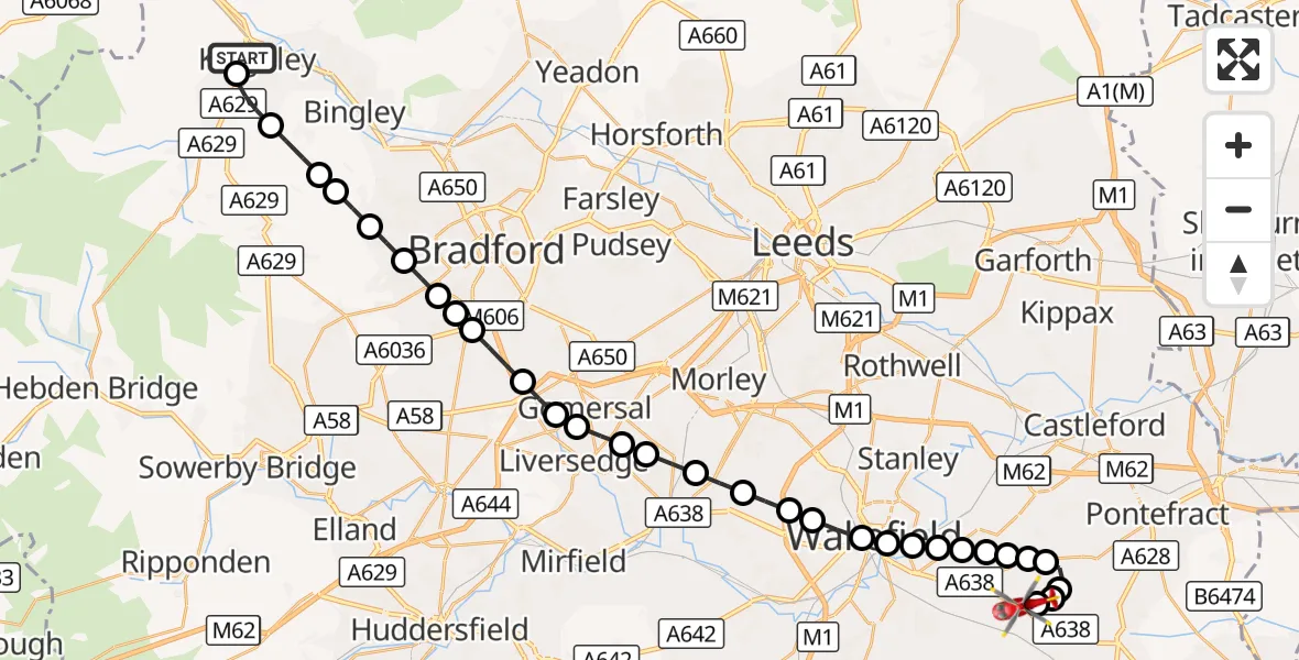 Flight route Air Ambulance Helicopter Keighley - YAA Nostell Helicopter Port, 01 September 2026, 10:07