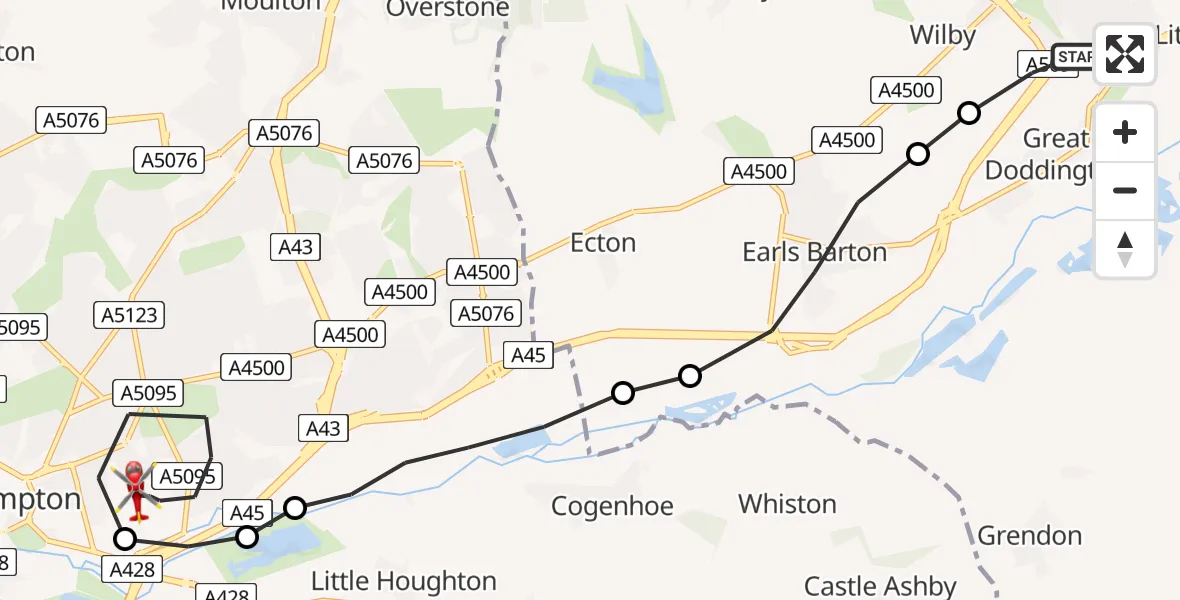 Flight route Air Ambulance Helicopter Wellingborough - Northampton, 01 September 2026, 10:09