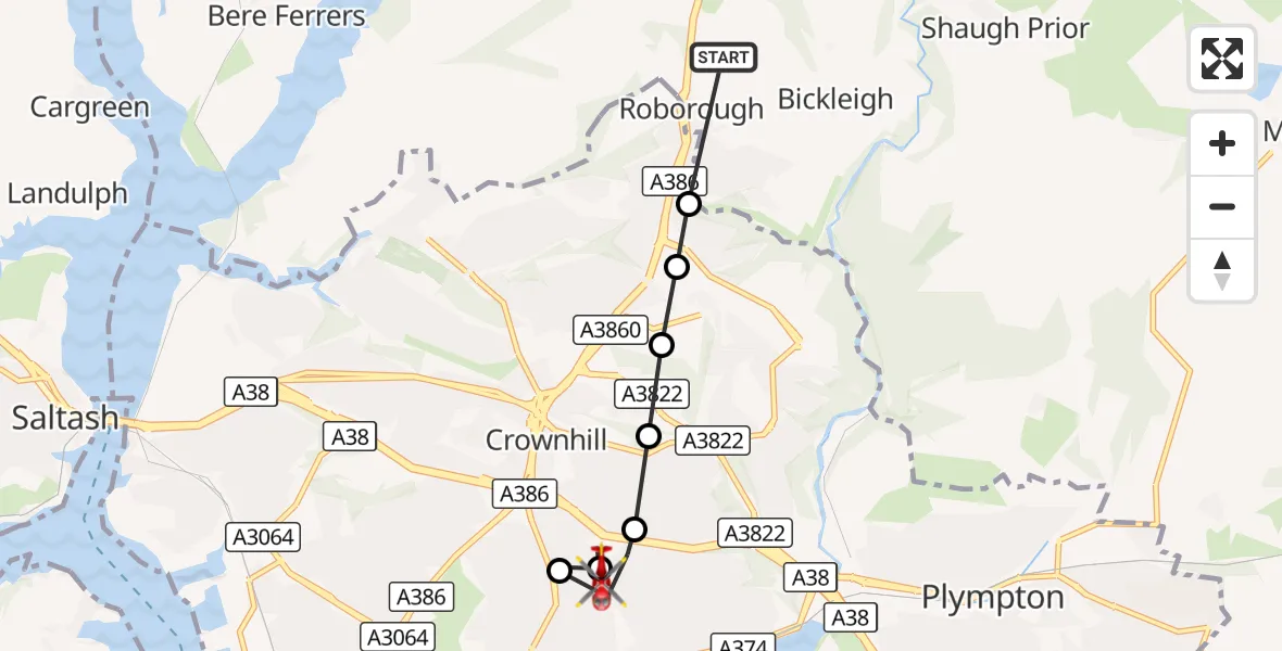 Flight route Air Ambulance Helicopter Roborough - Crownhill, 01 September 2026, 10:14