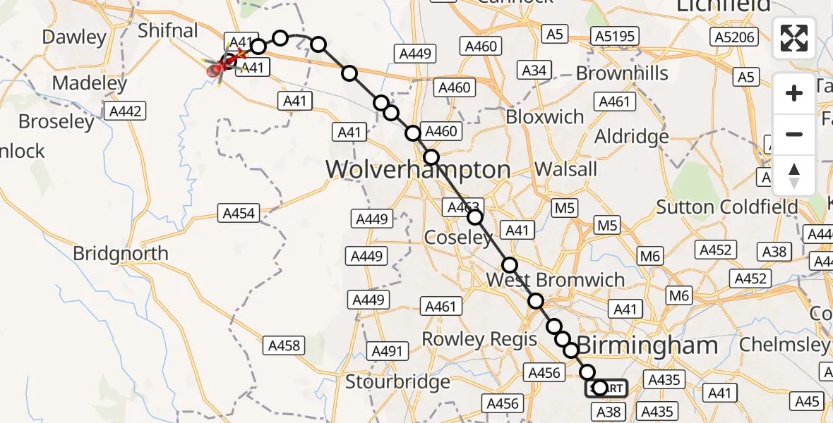 Flight route Air Ambulance Helicopter Queen Elizabeth Hospital Helipad - Shifnal, 01 September 2026, 10:17