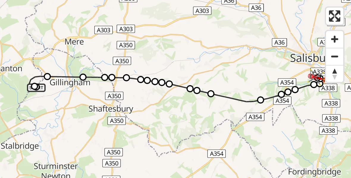 Flight route Air Ambulance Helicopter Buckhorn Weston - Salisbury District Hospital, 01 September 2026, 10:29