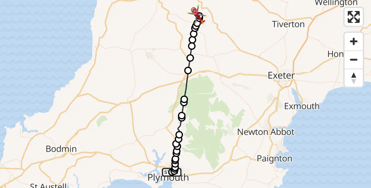 Flight route Air Ambulance Helicopter Lower Compton - Burrington, 01 September 2026, 10:43