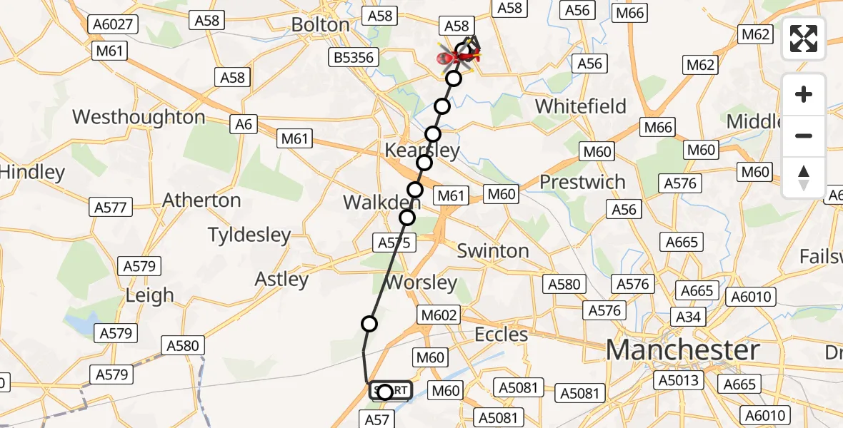 Flight route Air Ambulance Helicopter Manchester Barton Aerodrome - Radcliffe, 01 September 2026, 10:49