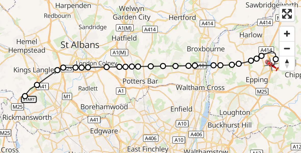 Flight route Air Ambulance Helicopter Loudwater - North Weald Airfield, 01 September 2026, 11:05