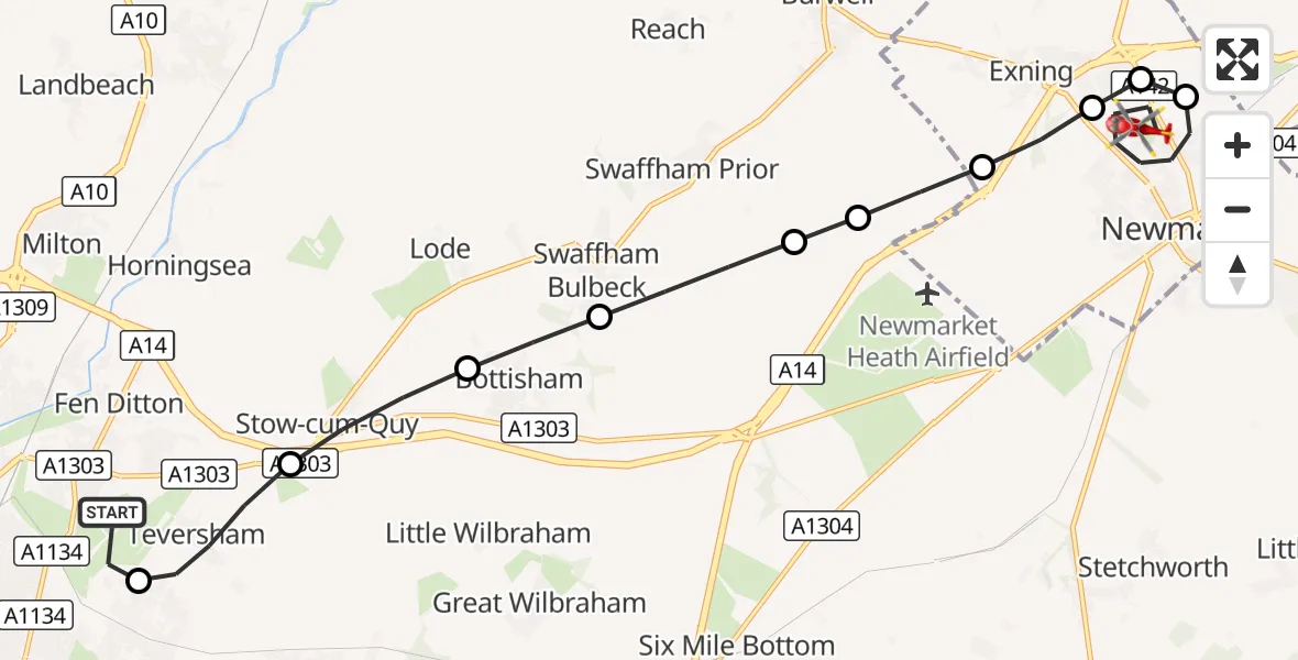 Flight route Air Ambulance Helicopter Cambridge City Airport - Newmarket, 01 September 2026, 11:06