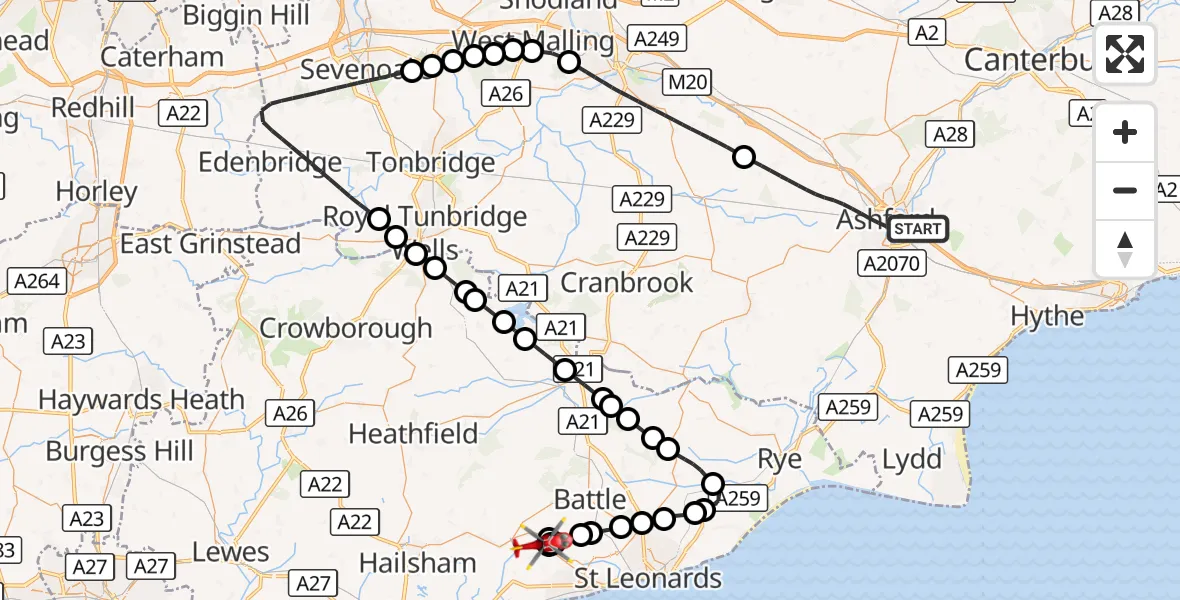 Flight route Air Ambulance Helicopter Ashford - Ninfield, 01 September 2026, 11:15