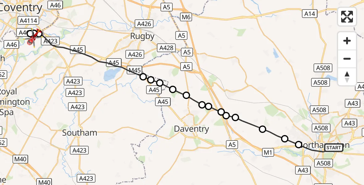 Flight route Air Ambulance Helicopter Northampton - Coventry Airport, 01 September 2026, 11:17