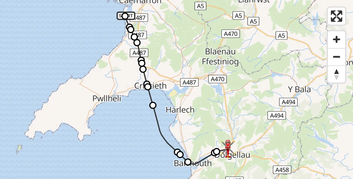 Flight route Air Ambulance Helicopter Caernarfon Airport - Llanelltyd, 01 September 2026, 11:18