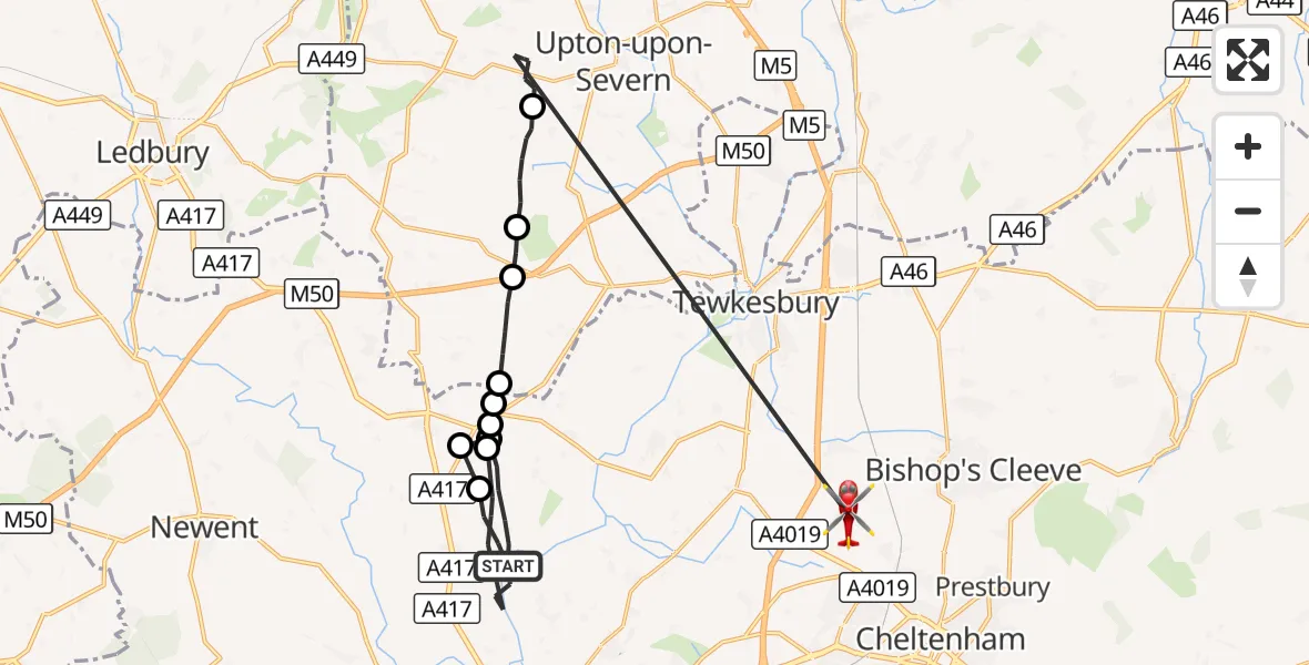 Flight route Air Ambulance Helicopter Tewkesbury - Tewkesbury, 01 September 2026, 11:50