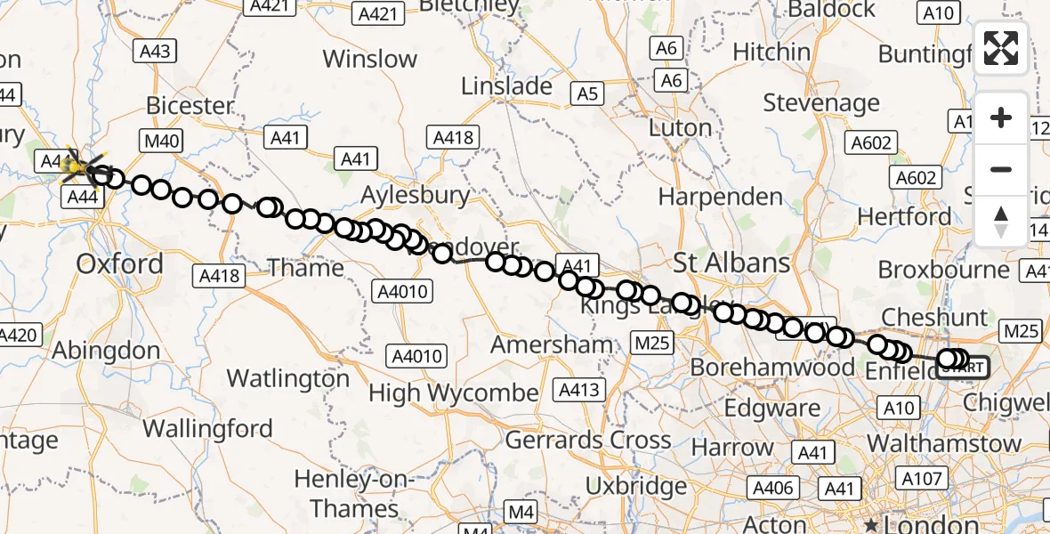 Flight route Police Helicopter Sewardstonebury - Kidlington, 01 September 2026, 11:52