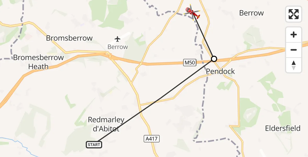 Flight route Air Ambulance Helicopter Redmarley d'Abitot - Berrow, 01 September 2026, 12:05