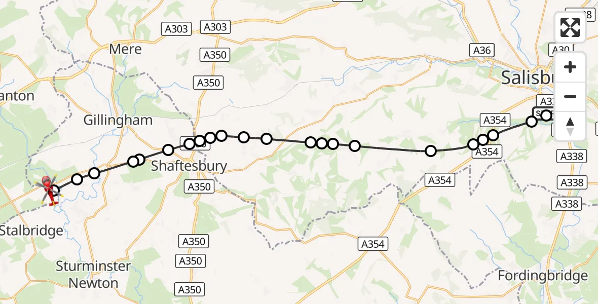 Flight route Air Ambulance Helicopter Salisbury District Hospital - Henstridge Airfield, 01 September 2026, 12:06