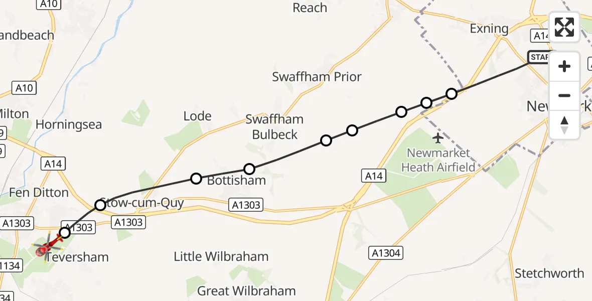 Flight route Air Ambulance Helicopter Newmarket - Cambridge City Airport, 01 September 2026, 12:20