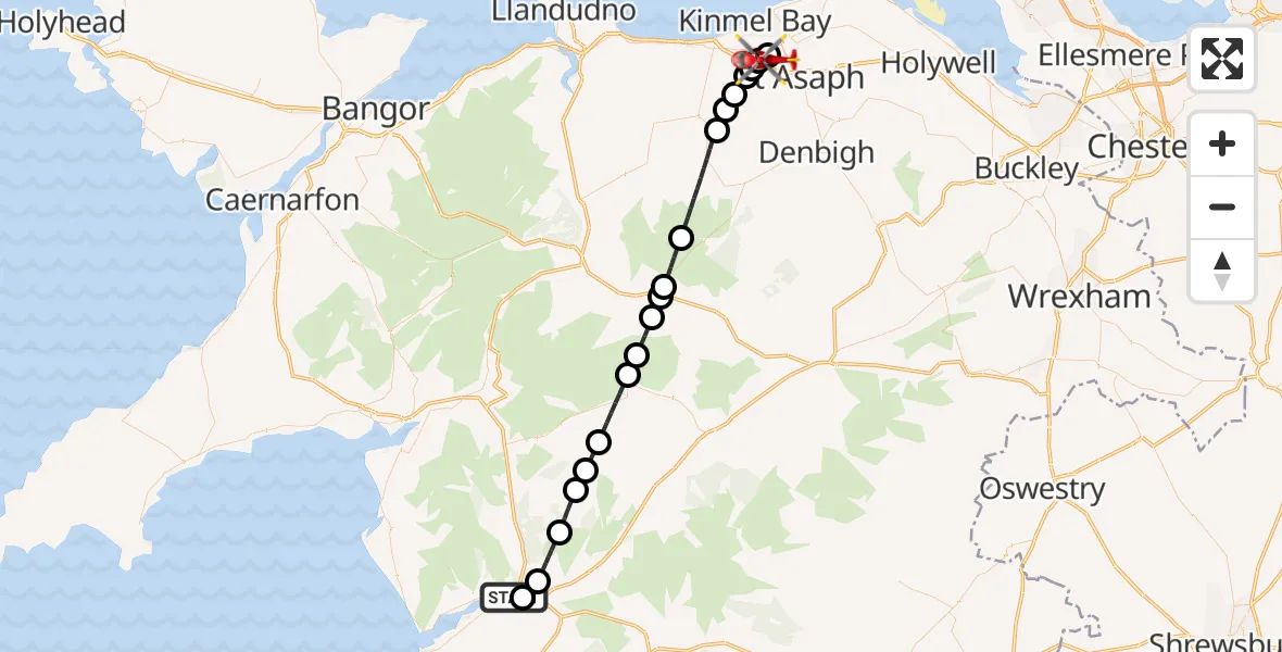 Flight route Air Ambulance Helicopter Llanelltyd - St Asaph, 01 September 2026, 12:27