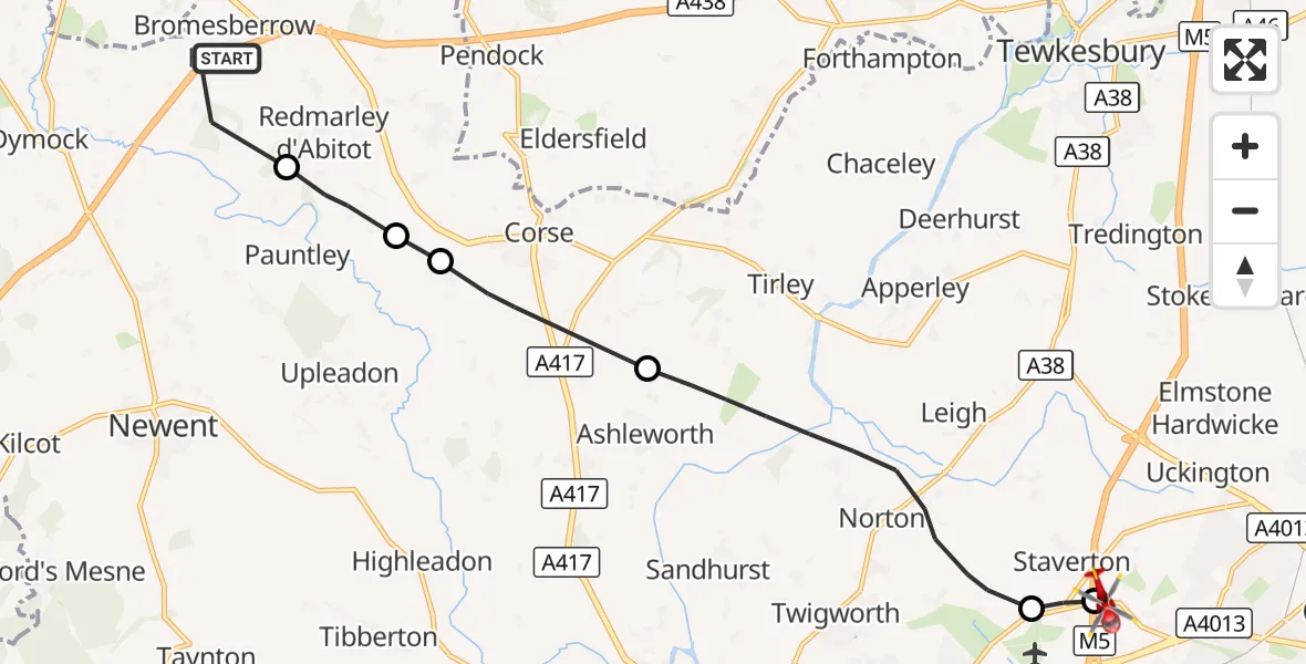 Flight route Air Ambulance Helicopter Bromesberrow Heath - Tewkesbury, 01 September 2026, 12:33