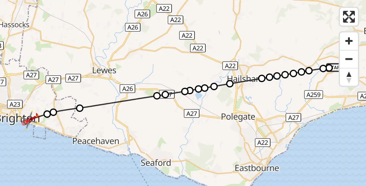 Flight route Air Ambulance Helicopter Ninfield - Brighton, 01 September 2026, 12:43