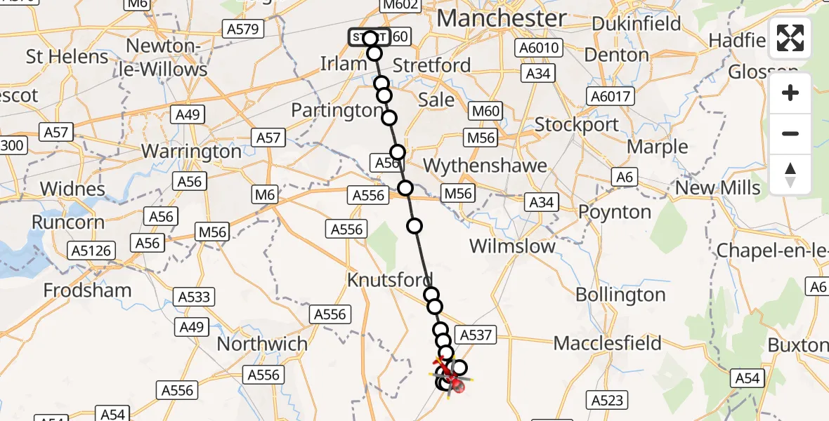 Flight route Air Ambulance Helicopter Manchester Barton Aerodrome - Lower Withington, 01 September 2026, 12:50