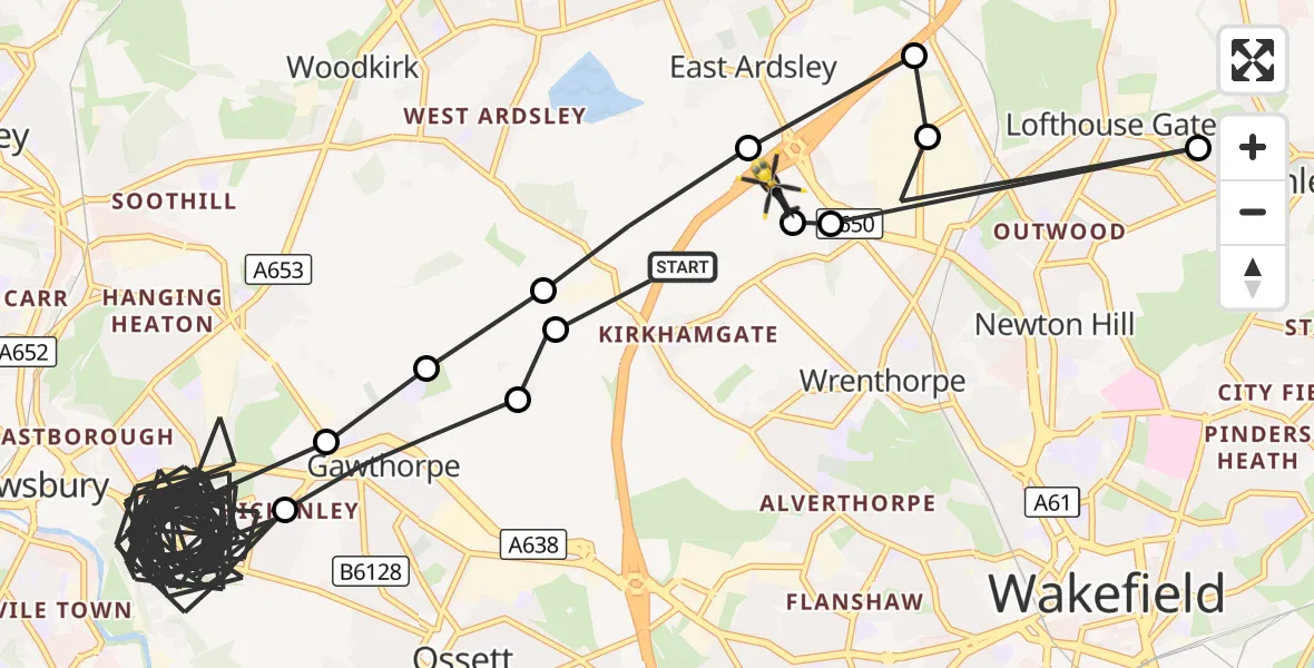Flight route Police Helicopter East Ardsley - East Ardsley, 01 September 2026, 13:14