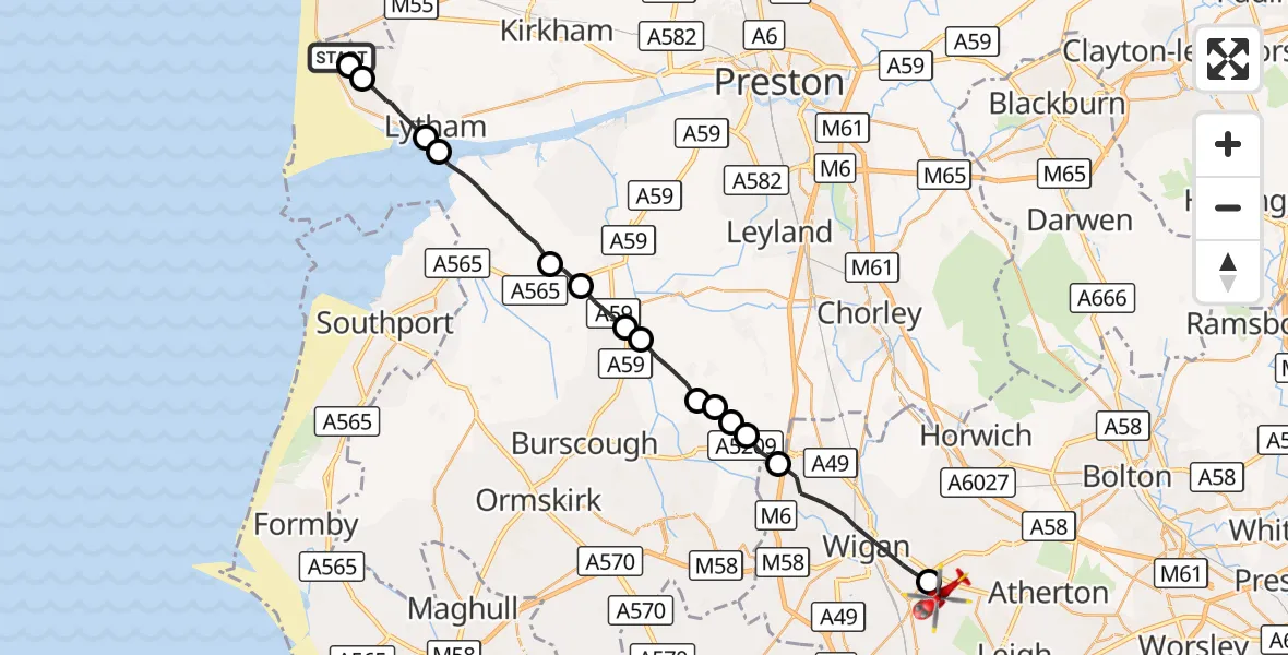 Flight route Air Ambulance Helicopter Blackpool Airport - Hindley, 01 September 2026, 13:22