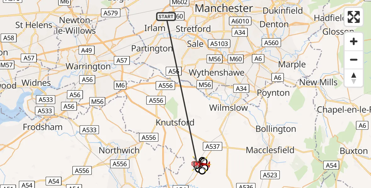 Flight route Air Ambulance Helicopter Manchester Barton Aerodrome - Lower Withington, 01 September 2026, 13:29