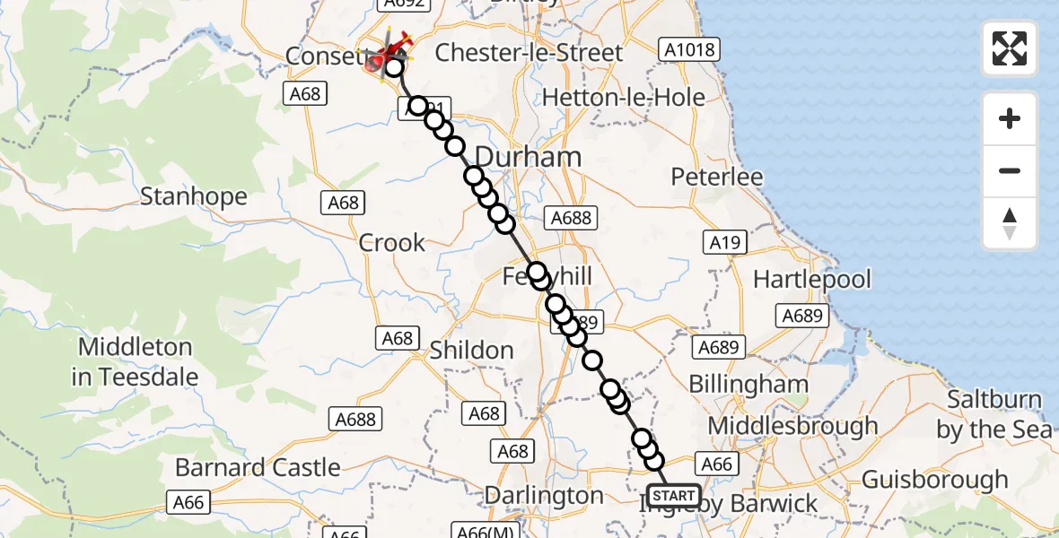 Flight route Air Ambulance Helicopter Longnewton - Stanley, 01 September 2026, 13:33