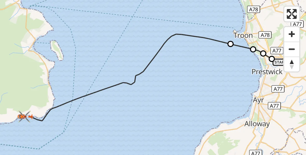 Flight route Coastguard Helicopter Glasgow Prestwick Airport - Inner Seas, 01 September 2026, 13:35