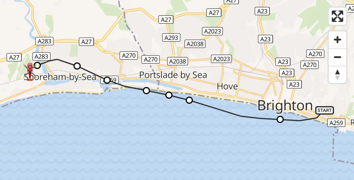Flight route Air Ambulance Helicopter Brighton - Brighton City Airport, 01 September 2026, 13:43
